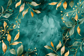 Wall Mural - Luxury watercolor background with golden branches and leaves in line art style. Botanical abstract green wallpaper for banner design, textile, print, decor