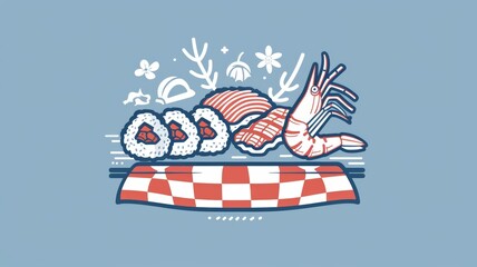 Wall Mural - A blue and red checkered tablecloth with a variety of sushi and shrimp on it