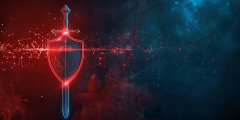 A sword symbolizing powerful cybersecurity measures ready to repel attacks. Cybersecurity Awareness Month. Hacker defense technologies.