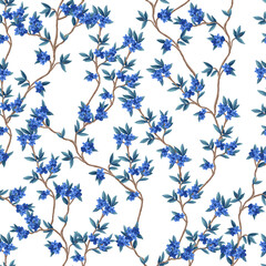 Wall Mural - Seamless pattern with blue flowers and branches. Vector.