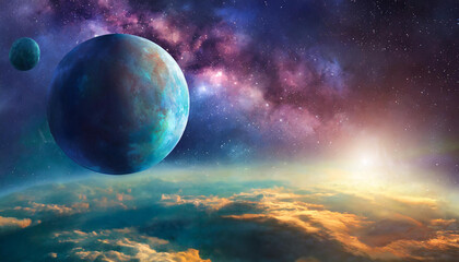 Wall Mural - Infinite universe with stars and galaxies. Sci-fi landscape with planets. Open space.
