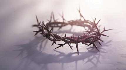 Jesus' crown of thorns placed on a nearby cloth, illuminated by a light background.