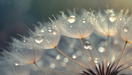 Sticker - macro nature beautiful dew drops on dandelion seed macro beautiful soft background water drops on parachutes dandelion copy space soft focus on water droplets circular shape abstract background