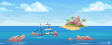 Fototapeta Morze - Uninhabited island. Empty desert islands tropical coast panoramic cartoon landscape, alone in caribbean sea after shipwreck robinson concept