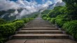 a beautiful straight stairway with big heightened steps going to the top of the hill and hill top hidden in clouds, stairway to heaven