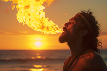 AI Generated Image. Ethnic Fire Breather Blowing Big Flame Next To The Ocean