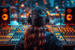 © ADDICTIVE STOCK - Anonymous music producer with headphones is tuning tracks on a professional mixing console in a studio, illuminated by ambient lights. Generative AI