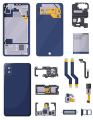 Disassembled phone. Smartphone repair parts, electronic components inside mobile smart phones, broken cellphone hardware details battery