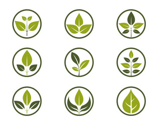 Wall Mural - organic icon set. green plant in a circle. eco friendly, natural and bio symbols. isolated vector illustrations