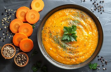 Wall Mural - Bowl of Carrot Soup Surrounded by Sliced Carrots