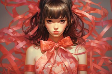 Delicate Chinese girl ribbon scene. Dress pink. Generate Ai