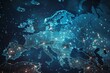 A map of Europe at night with glowing blue lights as a symbol for international communication and online data transfer. Global connection concept. View from space.