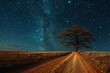 Lone Tree Standing on Dirt Road Under Stars