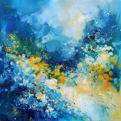 Poster - Bright blue and sunny yellow colors swirl and blend in an abstract painting.