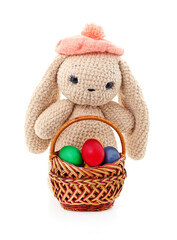 Canvas Print - Toy rabbit with Easter eggs.