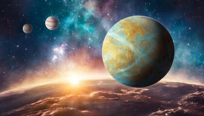 Wall Mural - Infinite universe with stars and galaxies. Sci-fi landscape with planets. Open space.