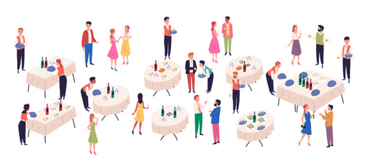 People at banquet table. Standing appetizer tables catering banquet service occasioned celebration wedding birthday party, enjoy restaurant food drink, classy vector illustration