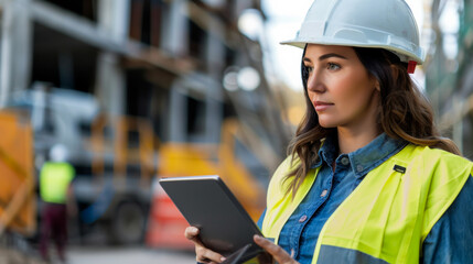 A woman wearing a hard hat and orange vest is looking at a tablet. She is likely a construction worker or engineer.