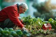An old man in a red sweatshirt and sweatpants plants young cabbage seedlings in a lush bed. Sunny day. House with bokeh background