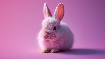 Poster - a small white rabbit sitting on top of a pink surface in front of a pink and pink background and looking at the camera.