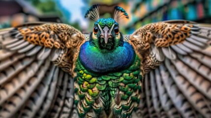 Poster - a close up of a colorful bird with its wings spread and it's head turned to look like a peacock.