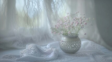 Wall Mural - a white vase filled with pink flowers sitting on top of a white bed covered in a white comforter next to a window.