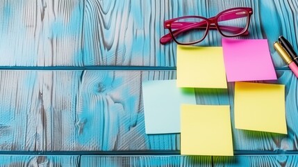 Wall Mural - a pair of glasses, a pen, and sticky notes on a blue wooden background with a pen and eyeglasses.