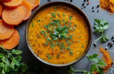 Wall Mural - Bowl of Carrot Soup Surrounded by Sliced Carrots