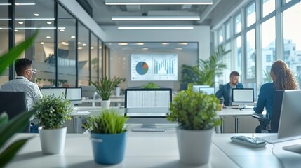 Aufkleber - An elegantly designed modern office space, illustrating the contrast between internal and external accounting. a team of in-house accountants is deeply engaged in work. Generative AI.