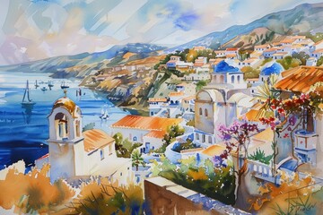 A watercolor scene capturing the charm of a Mediterranean coastal town with whitewashed houses bluedomed churches and a dazzling view of the sea and sailboats