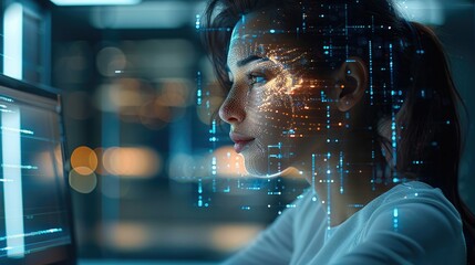 Aufkleber - Beautiful corporation woman works on computer, background digital hologram. Generative AI.