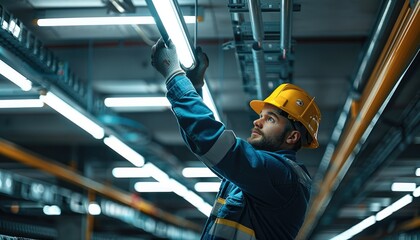 Aufkleber - Male electrician installing a linear light fixture in a multi-level parking garage. Generative AI.