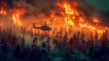 Fototapeta  - A rescue fire helicopter extinguishes a forest fire with water