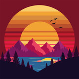 Fototapeta Zachód słońca - sunset over the sea, minimal summer sunset flat tshirt vector illustration