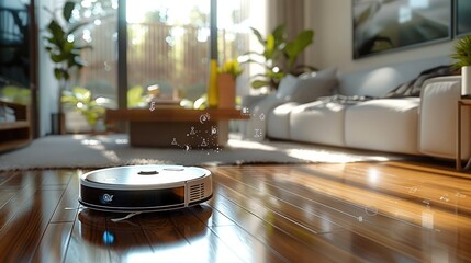 Fototapete - Vacuum hoover cleaning machine robot on schedule in a living room, Wireless cleaning machine robot with datum data and controls. Generative AI.