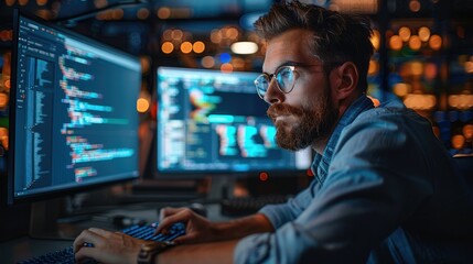 Leinwandbilder - A skilled software developer coding. He is working at a workstation with several monitors. Generative AI.