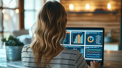 Wall Mural - A woman uses a laptop to work. Diagrams and graphs on the computer screen. The laptop is on the table. Generative AI.