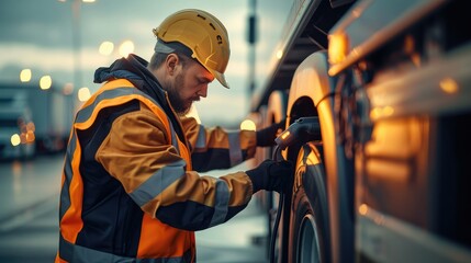Aufkleber - Mechanic in high vis working on EV charger freight truck. Generative AI.