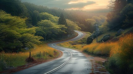 Aufkleber - A winding road beautiful rural. Generative AI.