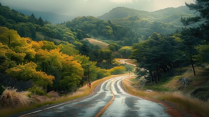 Aufkleber - A winding road beautiful rural. Generative AI.