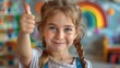 © visoot - Close up cheerful child girl in playroom showing thumb up. Generative AI.