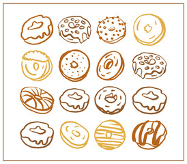 hand drawn donut set for fat thursday on white background. collection of cute donuts in doodle style