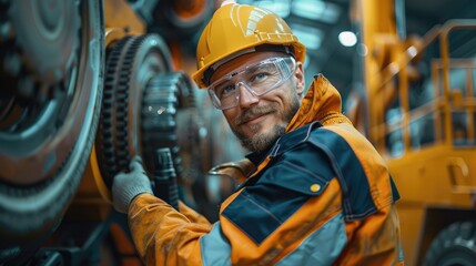 Leinwandbilder - Happy motor vehicle mechatronics engineer repairing yellow telehandler. Generative AI.