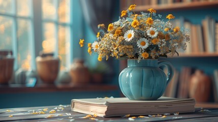 Wall Mural - a vase filled with yellow and white flowers sitting on top of a wooden table next to a bookshelf.