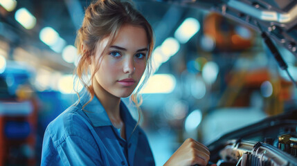Aufkleber - Mechanic woman in a blue blouse working in a car workshop. Generative AI.