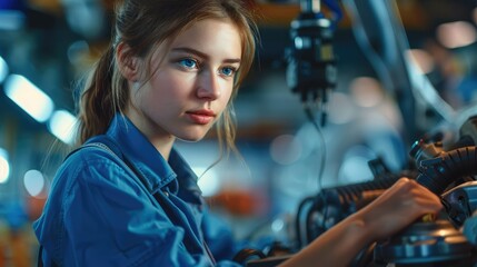Aufkleber - Mechanic woman in a blue blouse working in a car workshop. Generative AI.