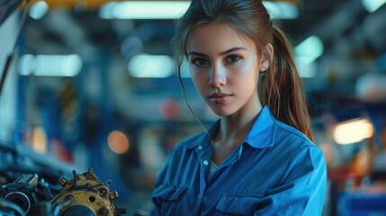 Aufkleber - Mechanic woman in a blue blouse working in a car workshop. Generative AI.
