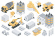 © alexdndz - Cement manufacturing isometric elements constructor mega set. Creator kit with flat graphic concrete mixers, machinery, slabs, blocks pile, factory buildings. Vector illustration in 3d isometry design