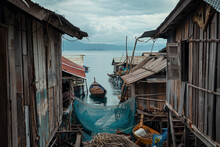 A View Of A Fishing Village With Wooden Houses, Nets, And Boats