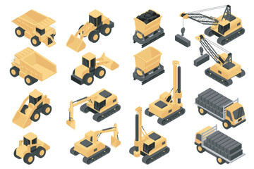 Poster - Construction equipment isometric elements constructor mega set. Creator kit with flat graphic concrete machinery, dump trucks, excavators, trolley, cranes. Vector illustration in 3d isometry design